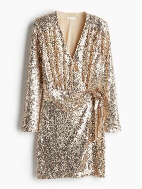 H&M Gold Sequin Long Sleeve Wrap Mini Dress NWT Size XS
